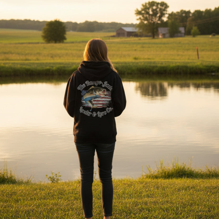 design on back of black hoodie