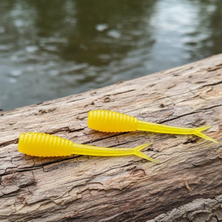 2 gold plastic fishing lures on dark background